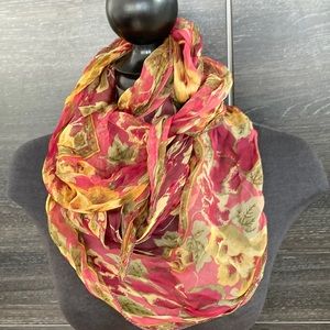Sheer Floral Square Scarf Burgundy Green & Gold Polyester